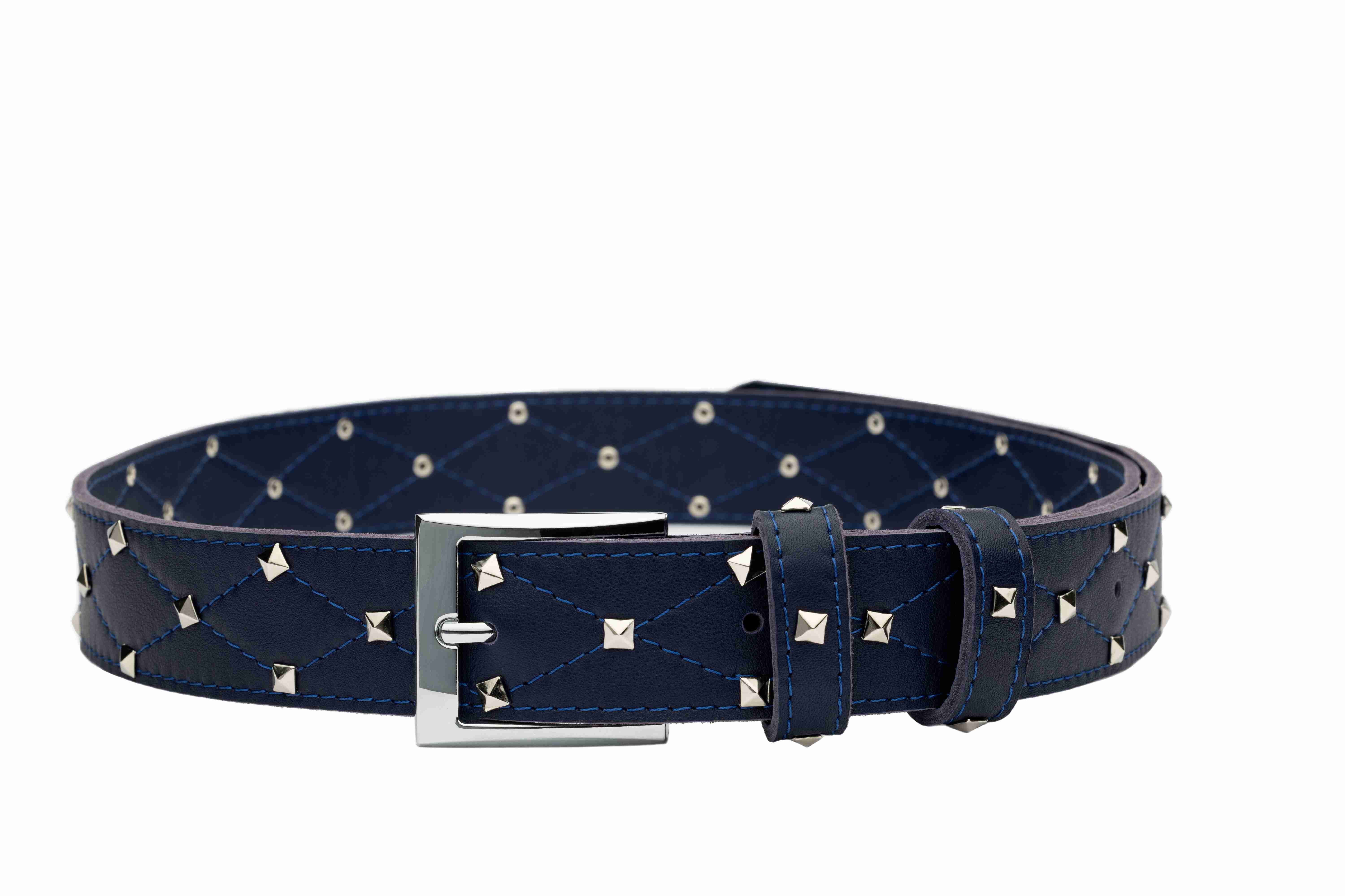 Blue Real Italian Leather Studded Belt