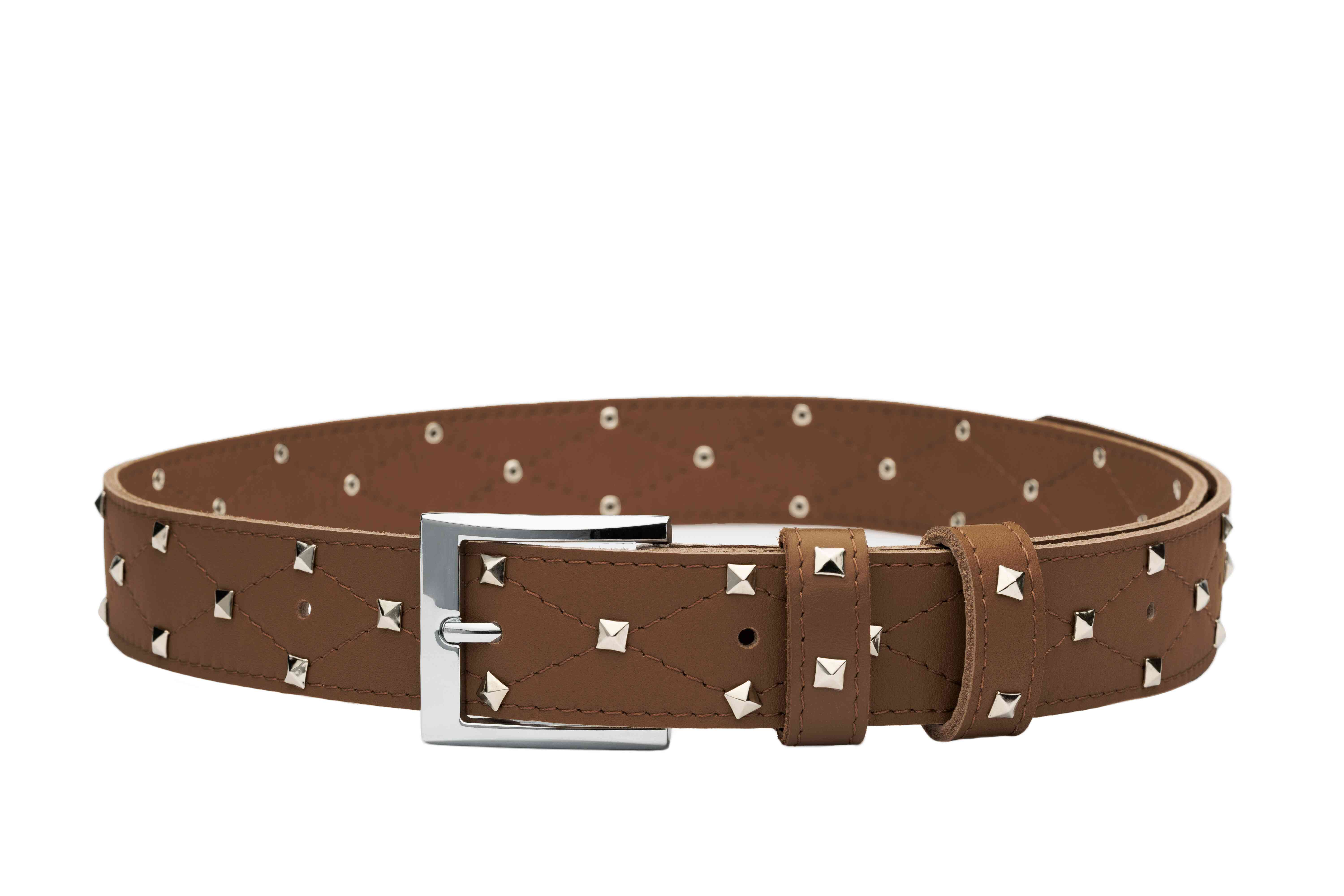 Brown Real Italian Leather Studded Belt