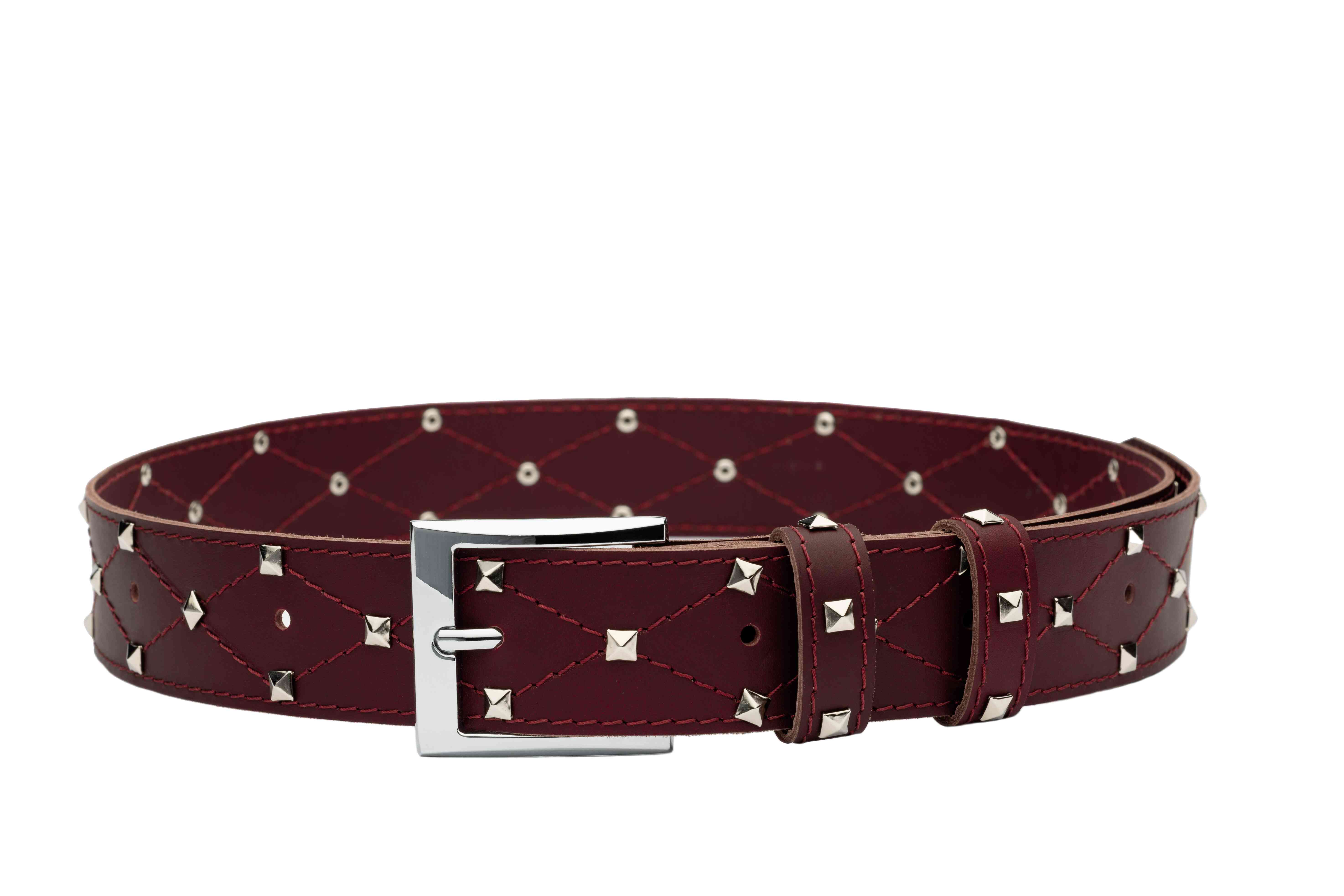 Burgundy Real Italian Leather Studded Belt