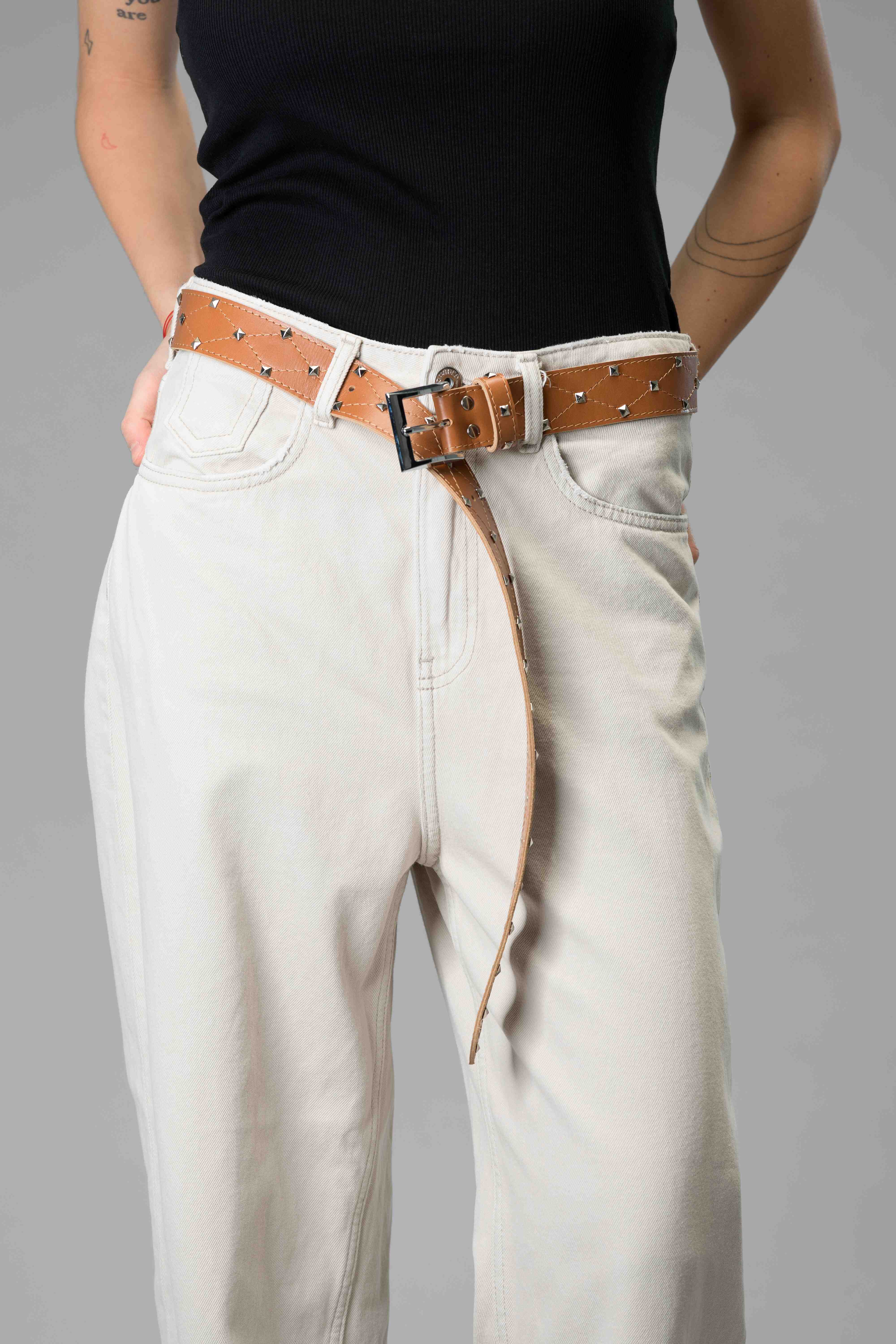 Caramel Real Italian Leather Studded Belt