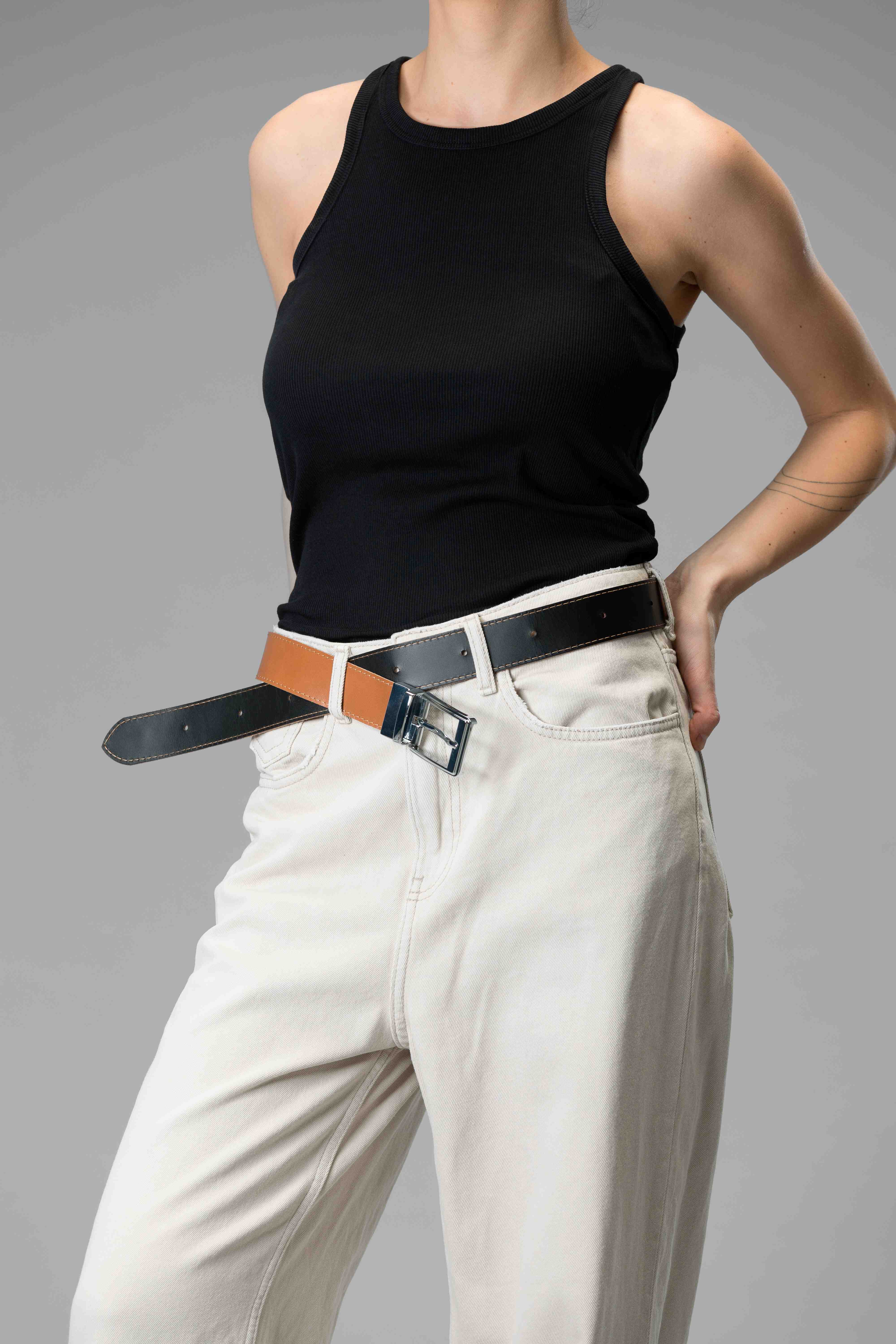 Black & Caramel Real Italian Leather Reversible Belt